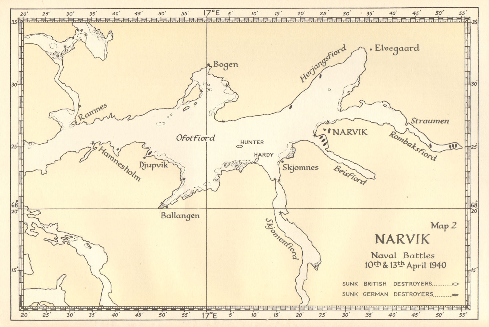 World War 2 Invasion of Norway. Narvik: Battles 10 & 13 April 1940 1952 map